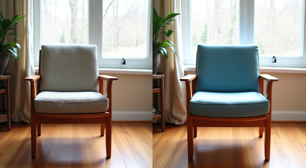 Før og etter bilde av en antikk lenestol i teak som har blitt restaurert